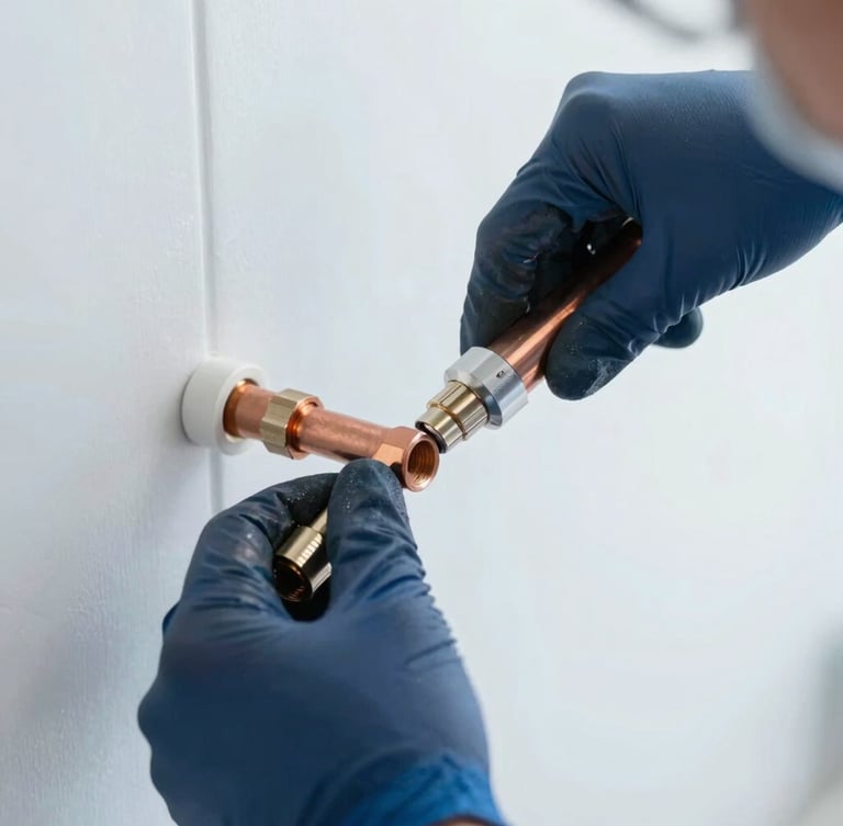 Close-up of a professional technician's hands in clean navy gloves installing a modern copper pipe joint using advanced tools, bright crisp daylight, cool blue and metallic tones, 35mm
