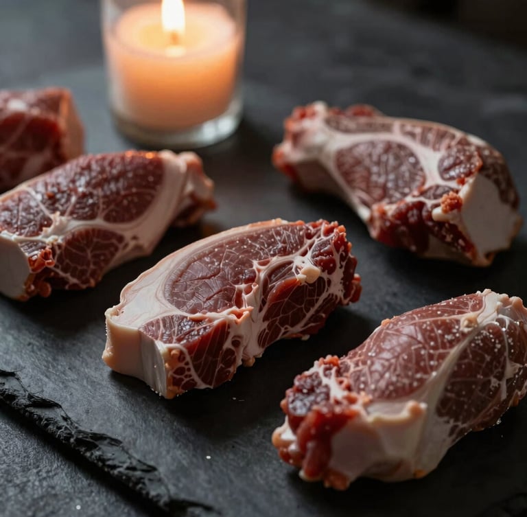 Close-up of fresh, raw organic ingredients on a dark slate counter, soft candlelight, deep shadows, rich textures