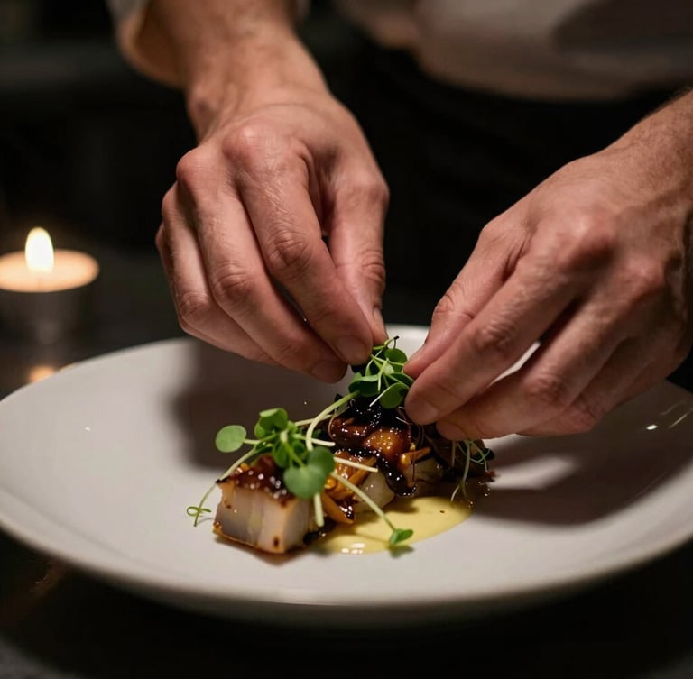 Close-up of a chef's hands precisely plating a delicate microgreen garnish on an artfully arranged dish, moody low-key kitchen lighting, deep shadows, shallow depth of field