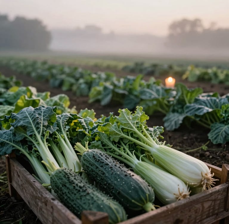 Environmental shot of a local organic farm at dawn, misty air, crates of freshly harvested heirloom vegetables in the foreground, low-key natural light.