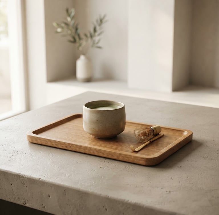 Sleek minimalist wooden tray with a ceramic cup on a concrete table, soft natural morning light, high-end design editorial style
