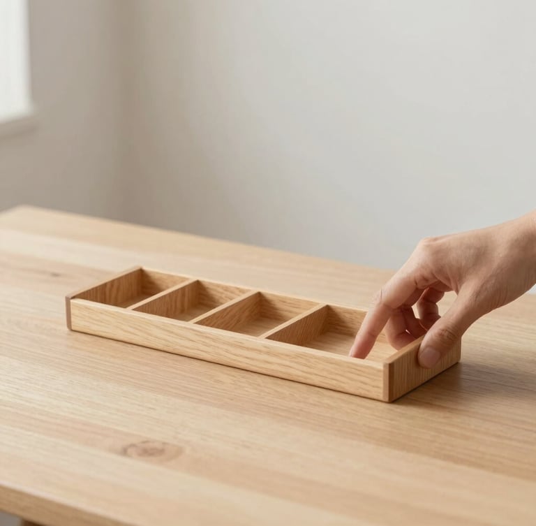 Hands carefully arranging minimalist wooden desk organizers on a light ash wood table, soft side daylight, clean composition, 50mm lens