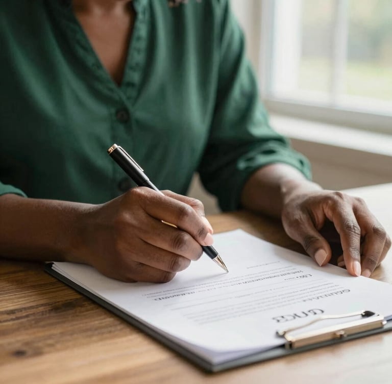 Close-up of an African American woman's hands signing mortgage closing documents, warm natural window light, shallow depth of field, 35mm
