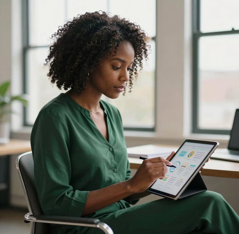 An African American woman sitting in a warm, naturally lit office, mapping out a social media strategy on a digital tablet, 35mm