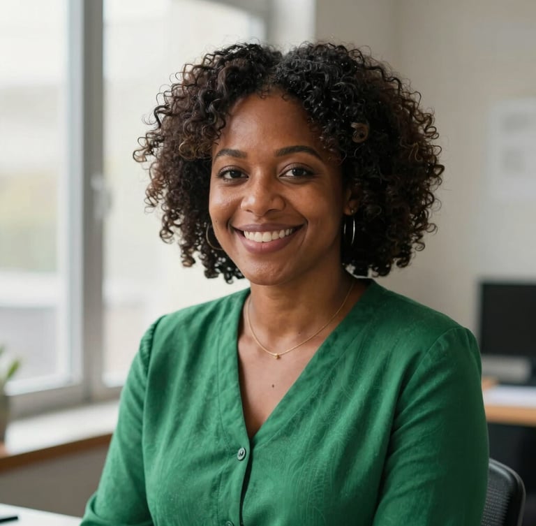 A medium environmental portrait of an African American woman in a warm, naturally lit office, smiling confidently, soft window light, shallow depth of field, 35mm