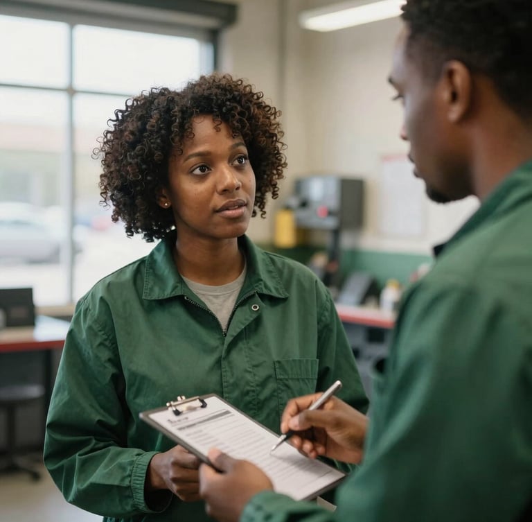 An African American woman conducting an identity inspection at a local mechanic shop, talking with a mechanic, soft workspace lighting, 35mm