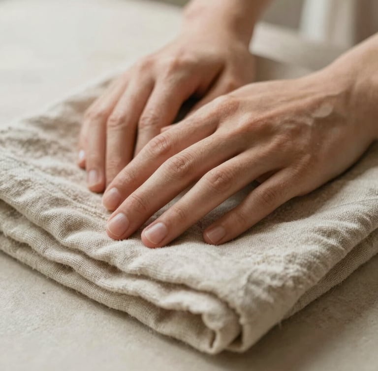 Close-up of warm hands gently resting on folded natural linen, soft diffused daylight, earthy sage tones, shallow depth of field, 35mm