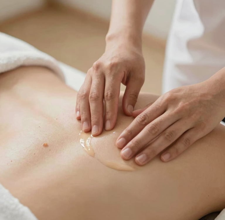 Close-up of therapist hands gently applying organic oil to a back, soft diffused natural daylight, warm sand tones, shallow depth of field, 35mm