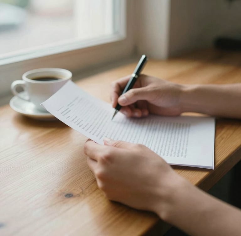 Close-up of hands reviewing paperwork over coffee on a warm wooden table, soft natural window light, muted earth tones, shallow depth of field.