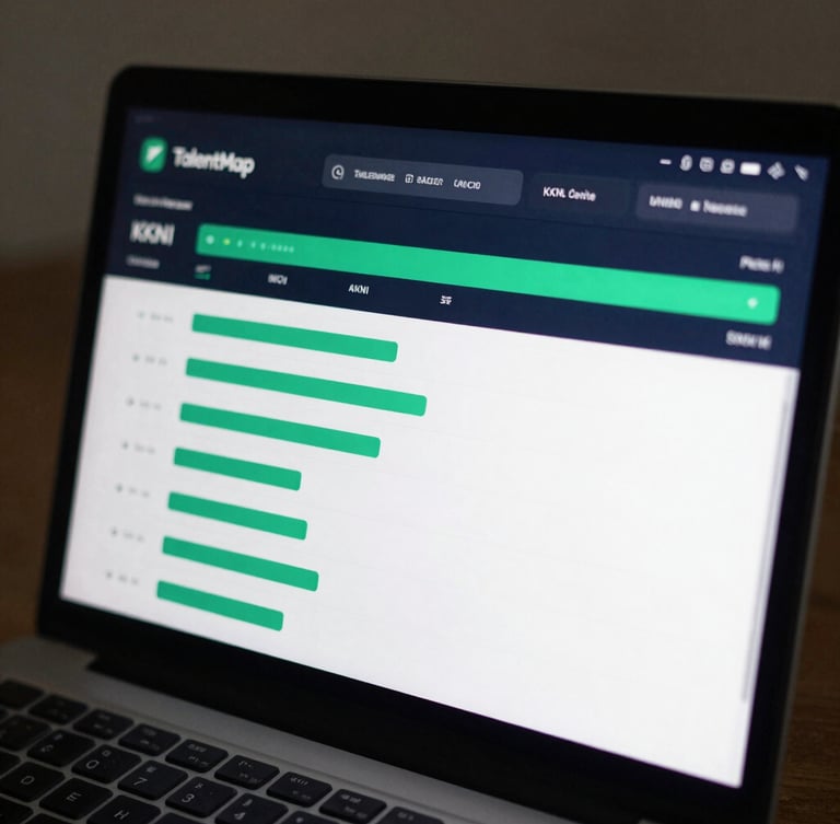 High-fidelity clean dashboard interface of TalentMap AI showing KKNI level progress bars, emerald green accents, structured data tables, crisp UI design on a dark navy screen.