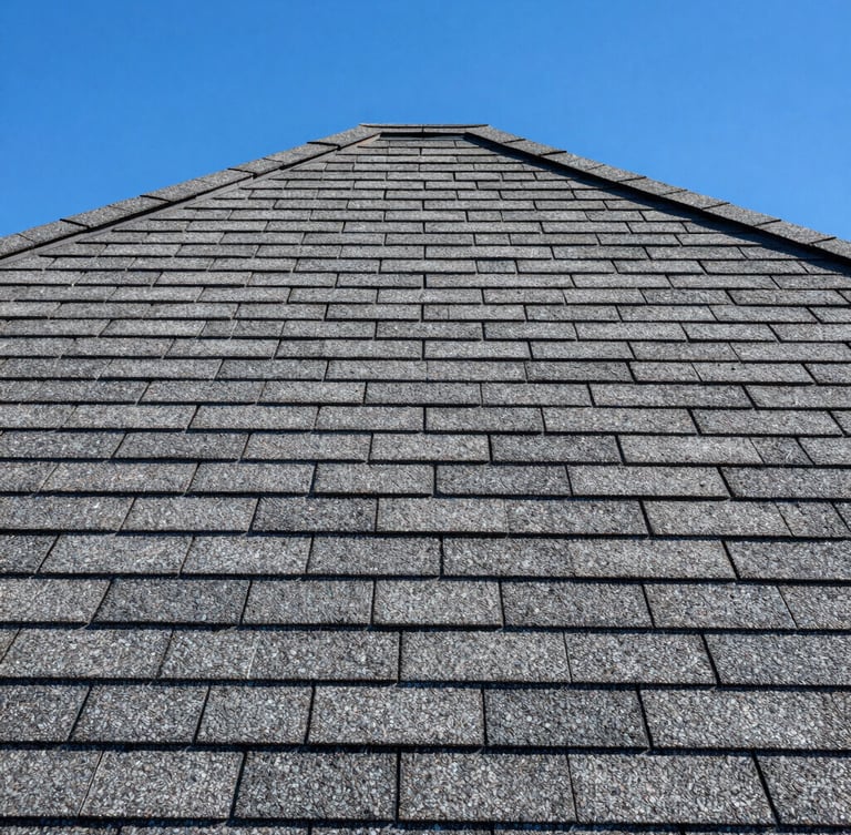 Close-up architectural shot of high-contrast charcoal architectural shingles, clean lines, bright desert sunlight, sharp shadows.