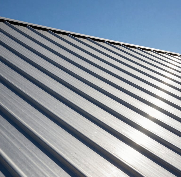 Crisp close-up of standing-seam metal roofing panels, metallic texture reflecting harsh desert sun, sharp shadows, architectural detail.