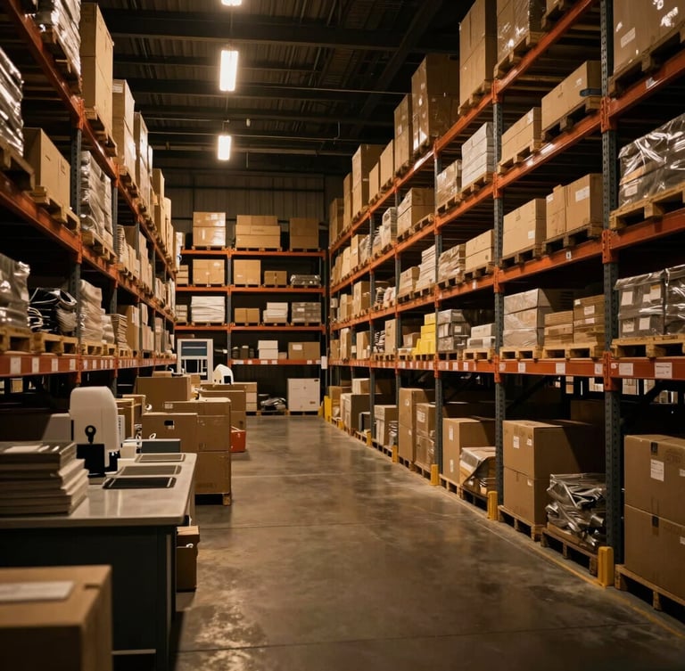 Interior of a clean, highly organized New York warehouse with high-contrast amber lighting, structured storage racks, and precise packaging stations.