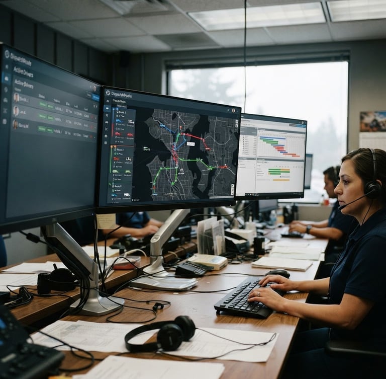 High-fidelity screenshot of DispatchRoute dashboard, showing a map with optimized routes and driver assignments. Multiple monitors in a modern but real dispatch office, overcast natural daylight.