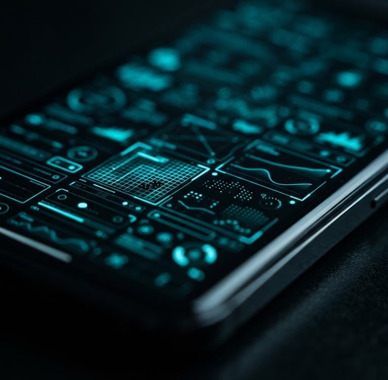 Extreme macro close-up of a premium Android screen displaying sharp monospaced widgets, neon cyan edge reflections on deep black glass, shallow depth of field