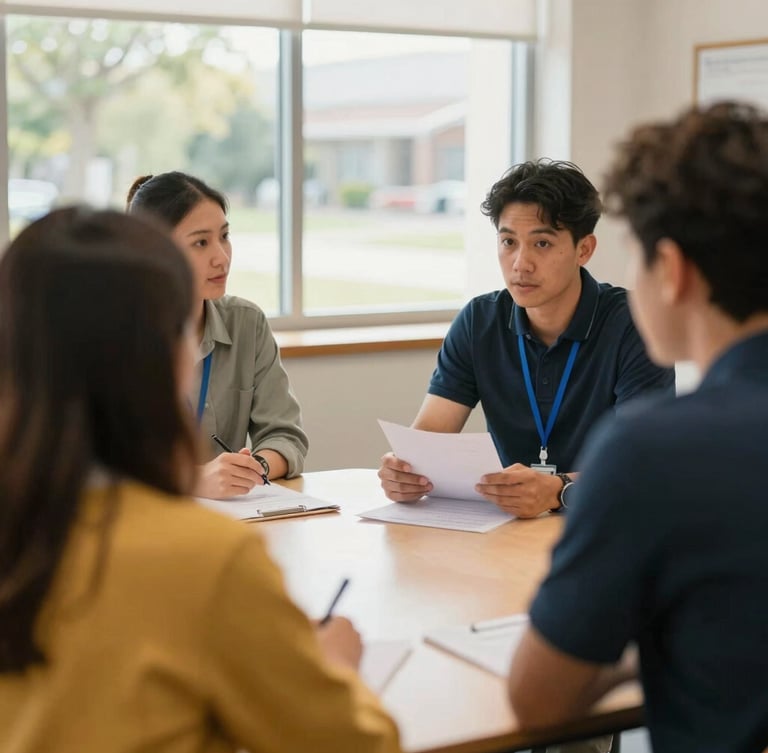Over-the-shoulder view of school district leaders in a collaborative planning session, natural window light, warm editorial style, shallow depth of field