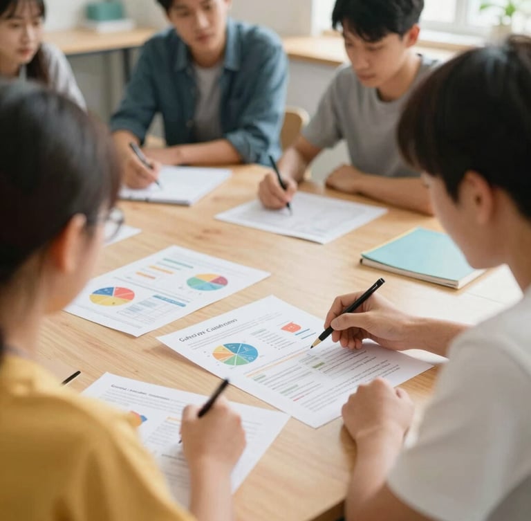 Over-the-shoulder perspective of school leaders in a bright, naturally lit collaborative workshop, analyzing printed strategic charts on a wooden table, shallow depth of field, warm editorial style, 35mm lens.