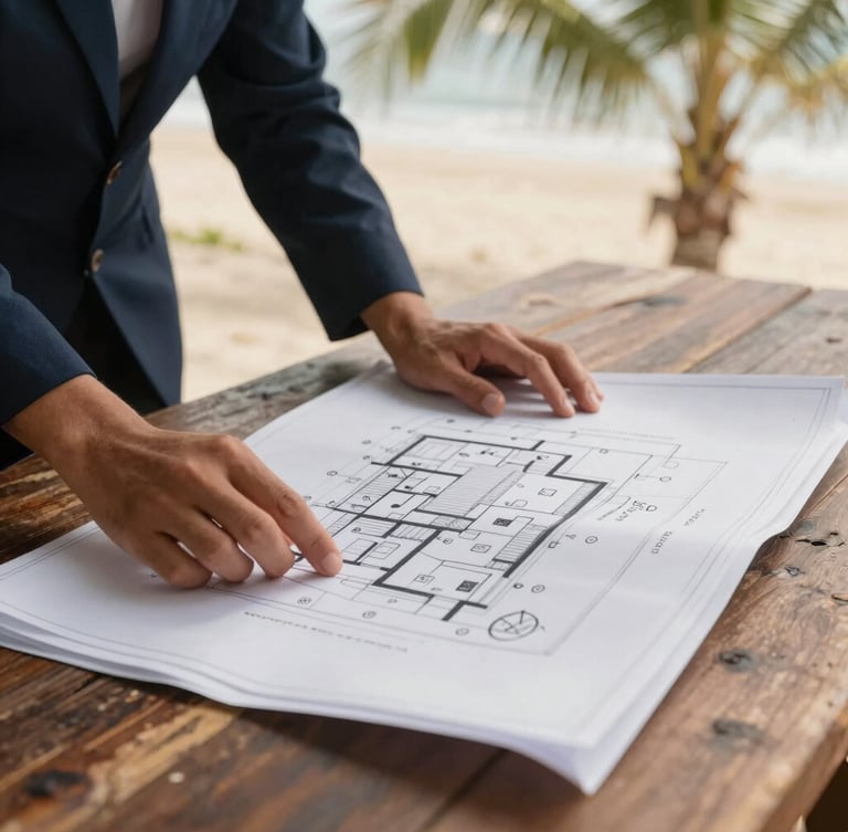 Close crop of hands reviewing architectural blueprints on a rustic wooden table, soft tropical daylight filtering through palms, professional coastal real estate advisory, 35mm