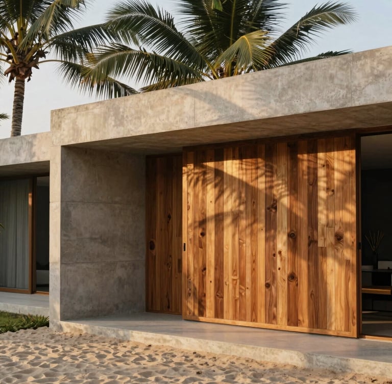 Architectural detail of a modern concrete villa with local wood screens, soft tropical golden-hour light filtering through palm leaves, warm sand tones, 35mm editorial photography