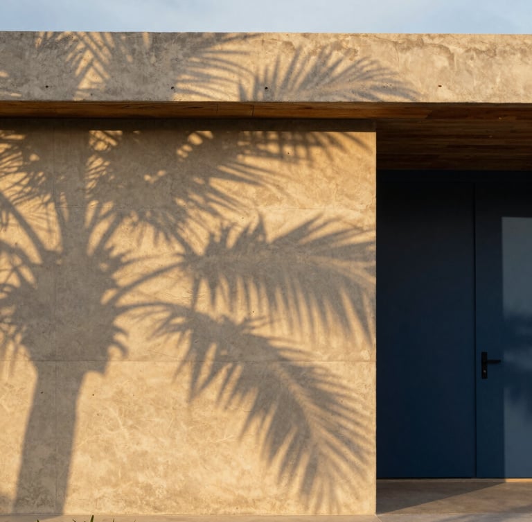 Architectural detail of a modern concrete and local wood villa in Tulum, sun-dappled shadows on warm sandy concrete wall, golden-hour light, 35mm