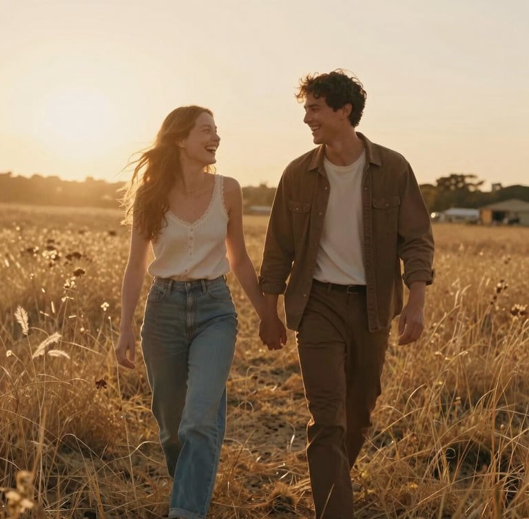Cinematic medium shot of a couple walking through a golden-hour meadow, laughing, backlit by soft sun flares, warm sand tones, candid 35mm film aesthetic.