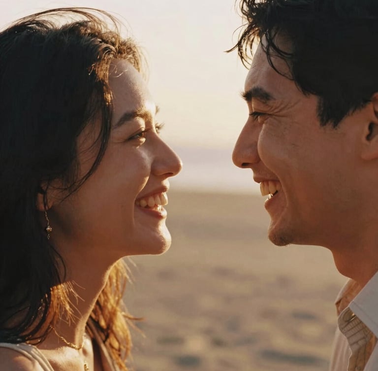 Intimate close-up portrait of a couple laughing together, faces close, warm golden-hour backlighting, soft focus, 35mm film aesthetic, authentic emotion.