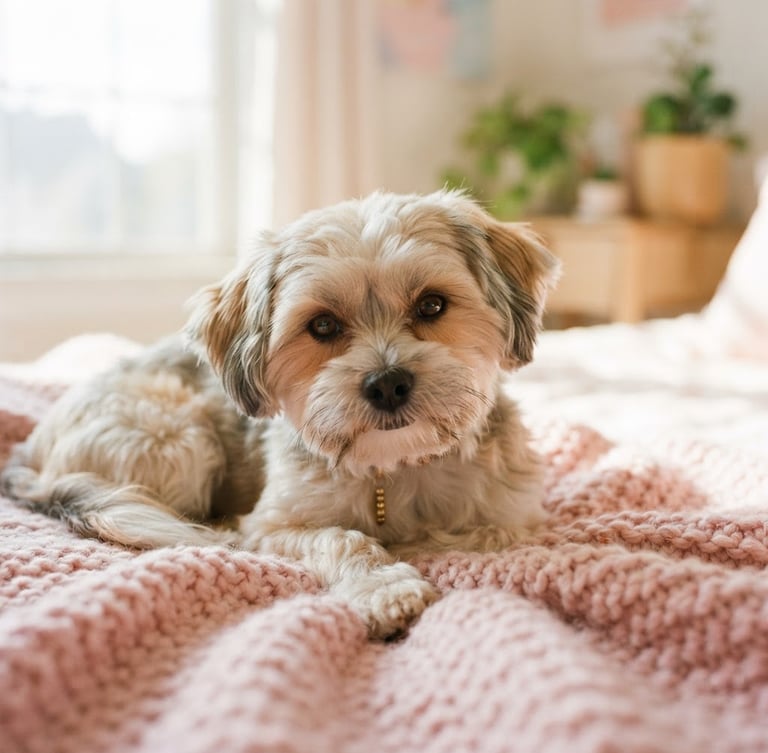 Close-up lifestyle shot of a fluffy Morkie dog lounging on a soft pink blanket in a sunlit room, looking directly at the camera, warm natural window light, shallow depth of field, 35mm film look