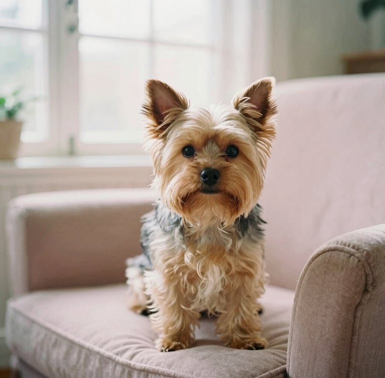Portrait of a fluffy Morkie (Yorkie-Maltese mix) looking attentively at the camera, sitting on a plush armchair in a sunlit living room, soft natural window light, cozy pastel tones, shallow depth of field, 35mm film look.