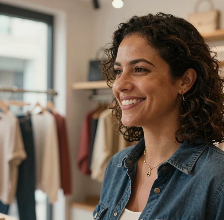 Close-up of a local business owner in Brazil smiling warmly inside her modern clothing boutique, soft natural afternoon light, premium cinematic feel.