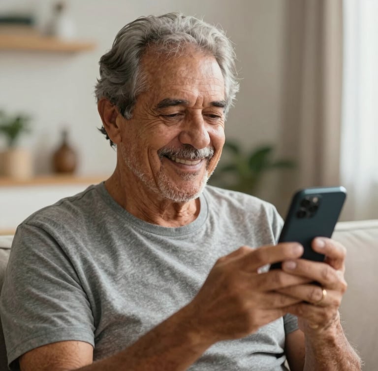Dignified medium close-up, warm natural morning light, a retired Brazilian man smiling while securely holding his smartphone in a cozy living room.