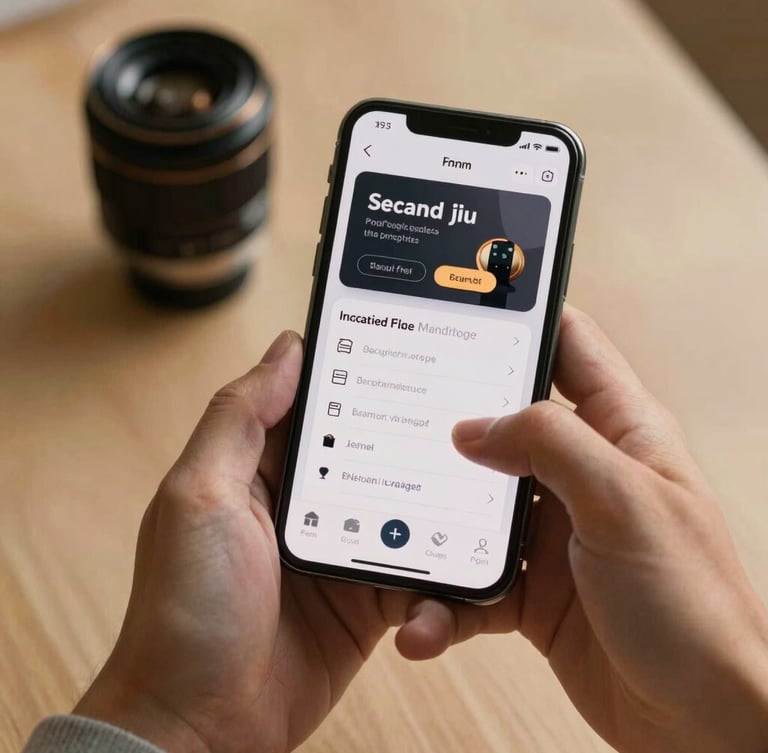 Close-up of hands holding a premium smartphone with a secure financial app interface, soft warm golden lighting