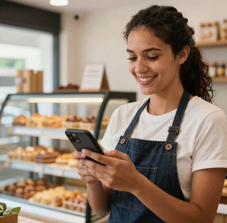 Medium close-up of a local business owner in Brazil working in her bright, modern bakery, holding a smartphone, confident smile, authentic daylight