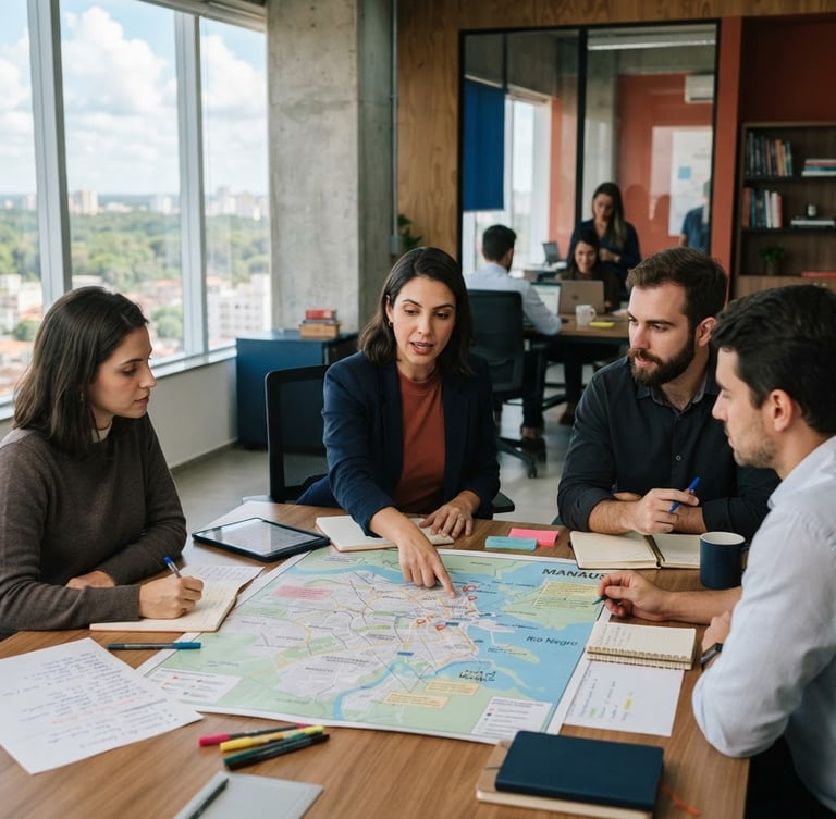 professional editorial photography, natural office daylight, deep navy and warm terracotta tones, 35mm lens, realistic corporate setting of a modern commercial planning session with maps of Manaus.