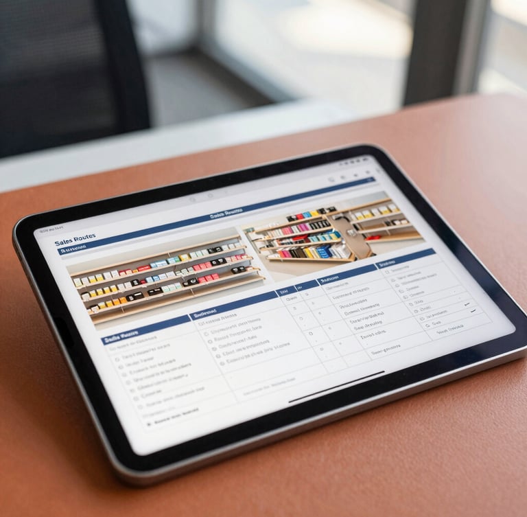 professional editorial photography, close-up of a tablet displaying sales routes and retail shelf planning, warm terracotta accents, natural daylight.