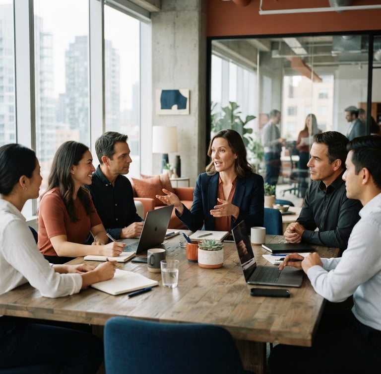 professional editorial photography of a business meeting in a modern office, natural daylight, deep navy and warm terracotta tones, 35mm lens, realistic corporate setting
