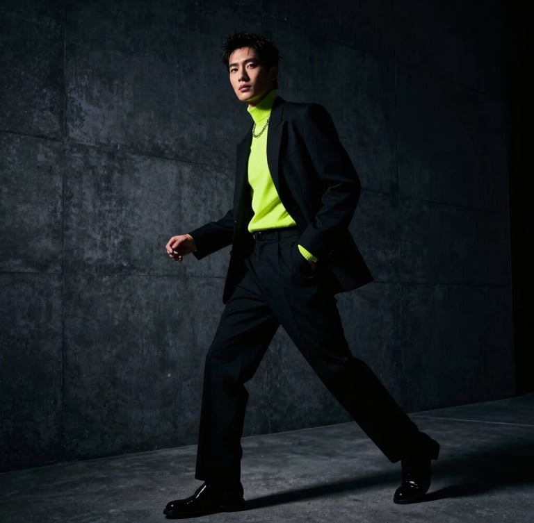 High-fashion lifestyle portrait of a creator in motion against a dark architectural concrete wall, dramatic key lighting, deep shadows, cinematic 35mm