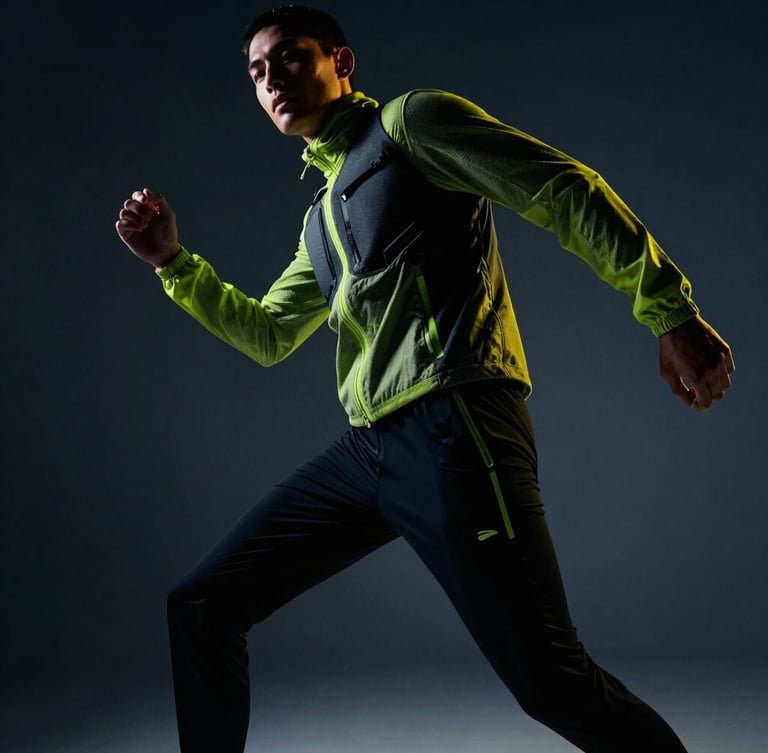 Low-angle dramatic studio portrait of a high-fashion creator in motion, wearing technical sportswear, deep obsidian shadows with sharp neon lime rim lighting, 35mm photography.