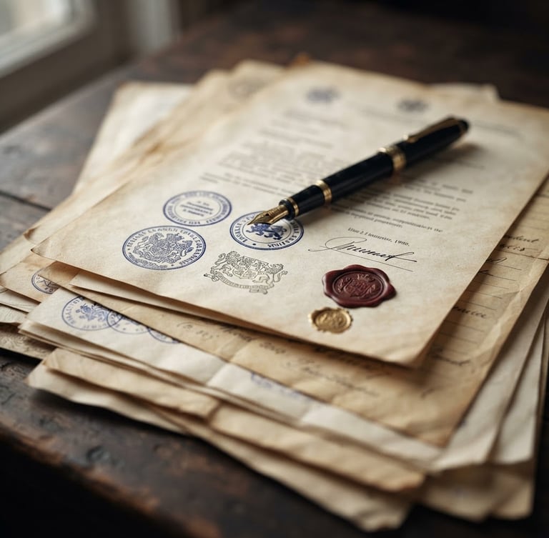 Close-up of a stack of official documents with various stamps and seals, a fountain pen resting on the top document, soft natural daylight, deep navy and warm paper tones, macro lens, shallow depth of field, subject positioned to the left third of a wide panoramic frame.