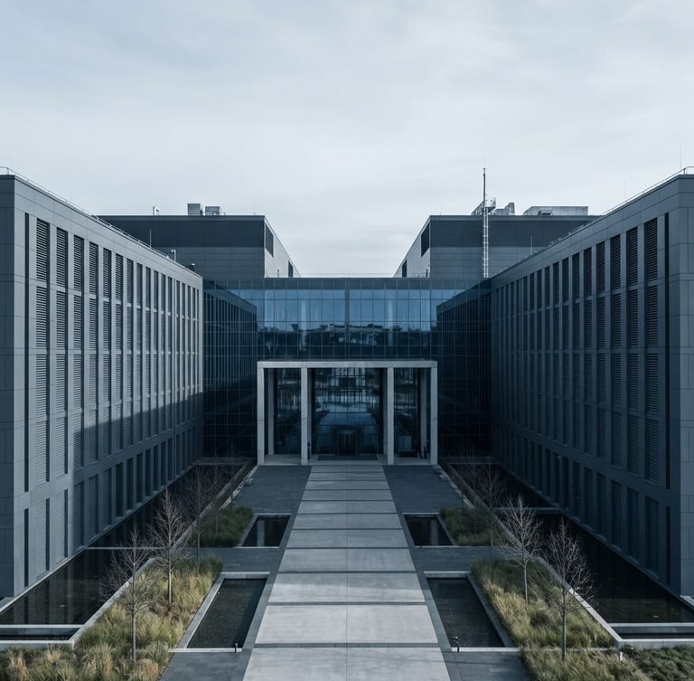 Wide architectural view of a modern data center with clean geometric lines, cool diffused daylight, sharp shadows, symmetrical composition, desaturated slate and deep blue tones.