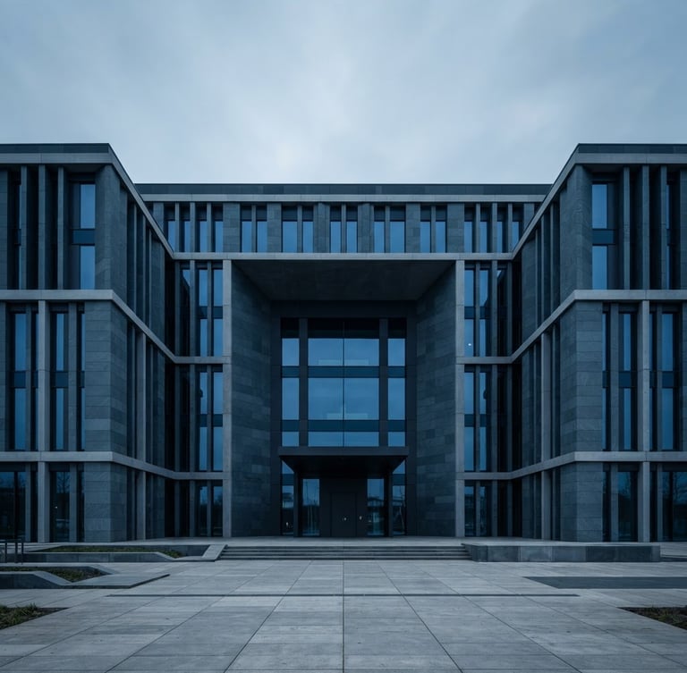 Wide-angle minimalist architectural photography of a modern civic building facade, cool overcast daylight, sharp shadows, symmetrical composition, deep slate and blue tones.