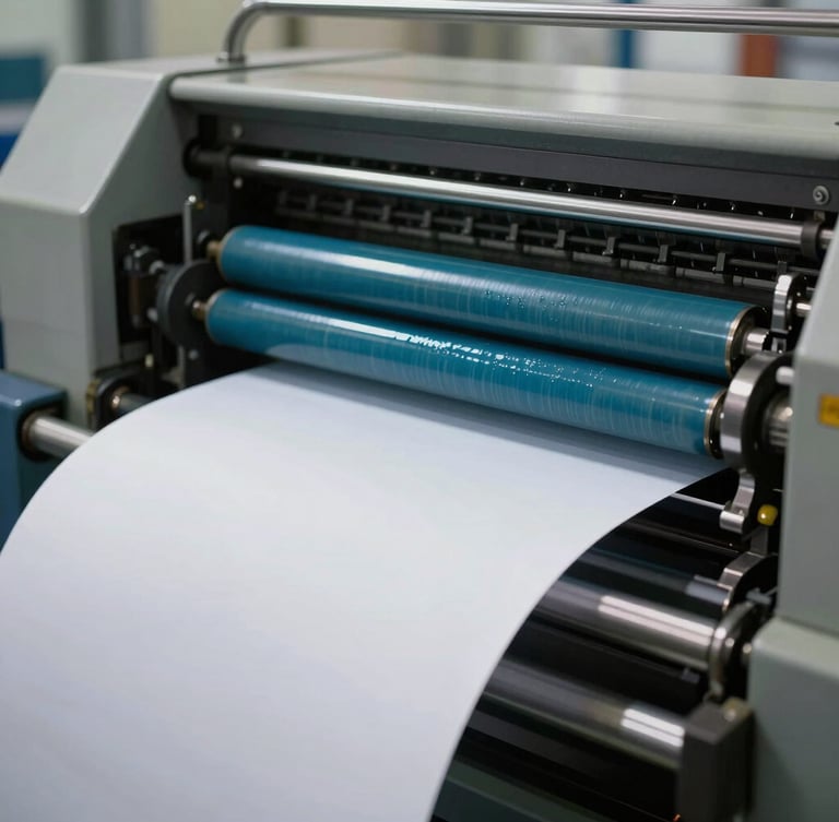 Close-up of a high-speed Heidelberg offset printing press in motion, cyan ink rollers glistening under clean warehouse lighting, crisp paper feeding rapidly