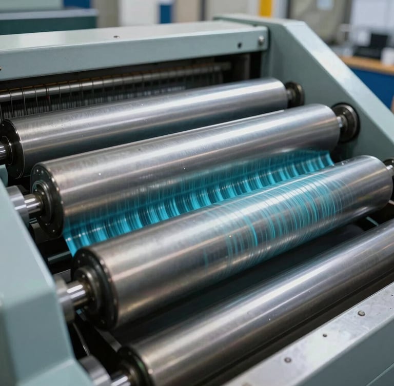A close-up photograph of heavy offset printing rollers in motion, sharp cyan ink transfer visible, cool warehouse daylight highlighting the metallic machinery.