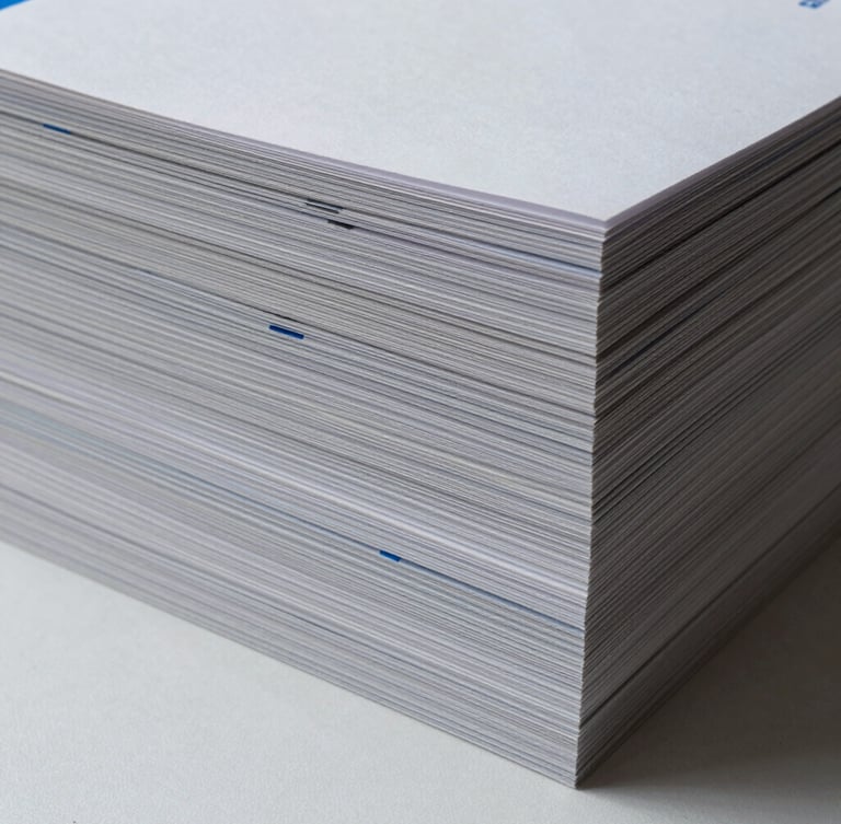 A clean vertical stack of perfect-bound corporate catalogs showing crisp spine alignment and heavy paper textures under sharp, cool studio lighting.