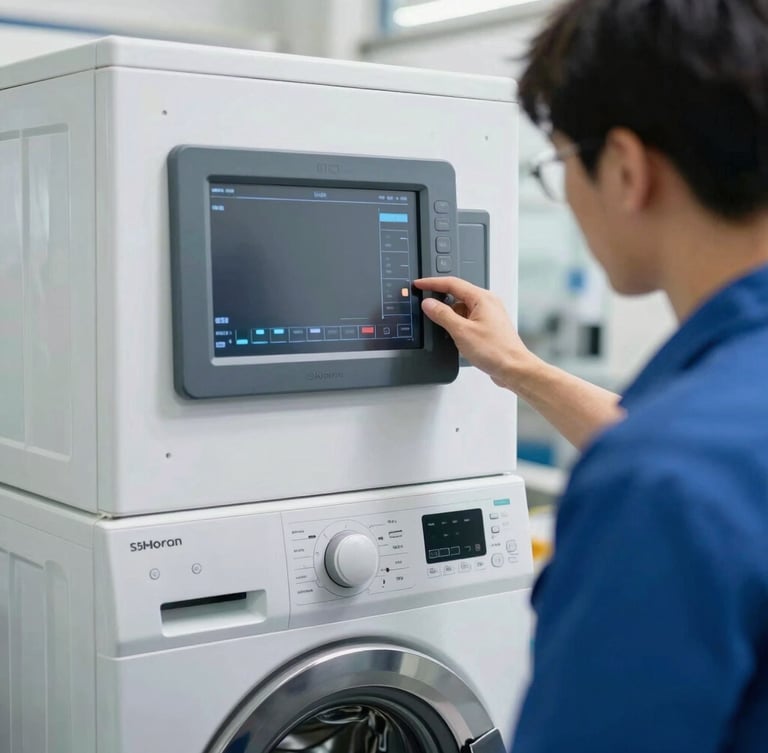 A technician calibrating a digital diagnostic screen on a modern washing machine, clean industrial photography, bright daylight, 35mm