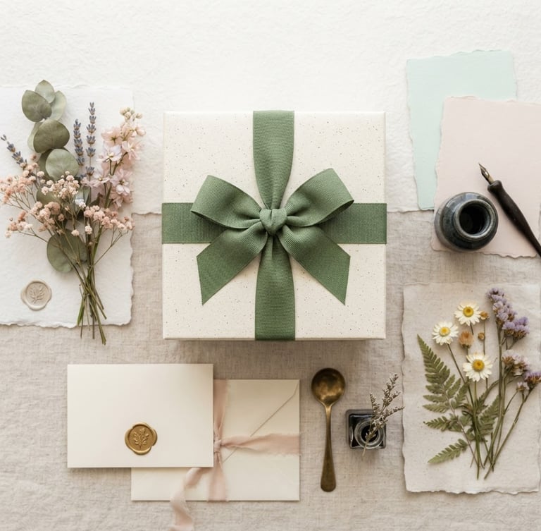 Overhead flat-lay of a beautifully wrapped gift box with textured sage ribbon, surrounded by fine stationery and dried botanicals, bright editorial photography, soft daylight