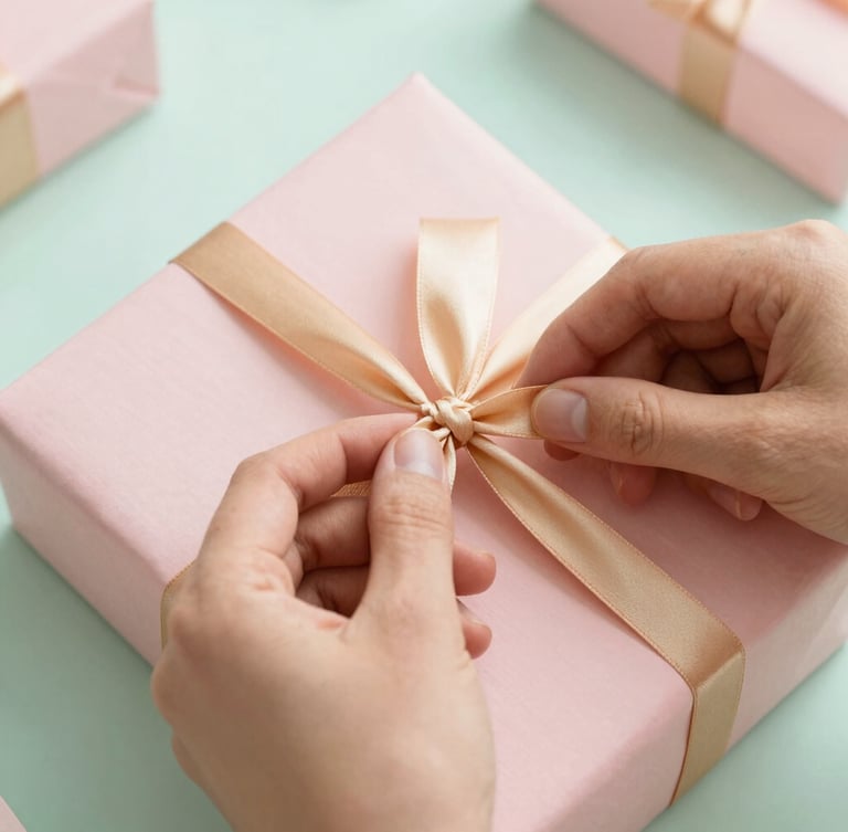 A close-up of hands carefully tying a warm gold satin ribbon around a beautifully wrapped blush pink gift box, soft natural daylight, shallow depth of field.