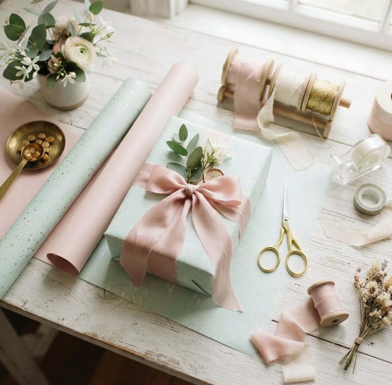 Overhead flat-lay of a bright creative workspace with pastel mint and blush pink wrapping papers, delicate gold scissors, and hand-tied silk ribbons, soft natural daylight.