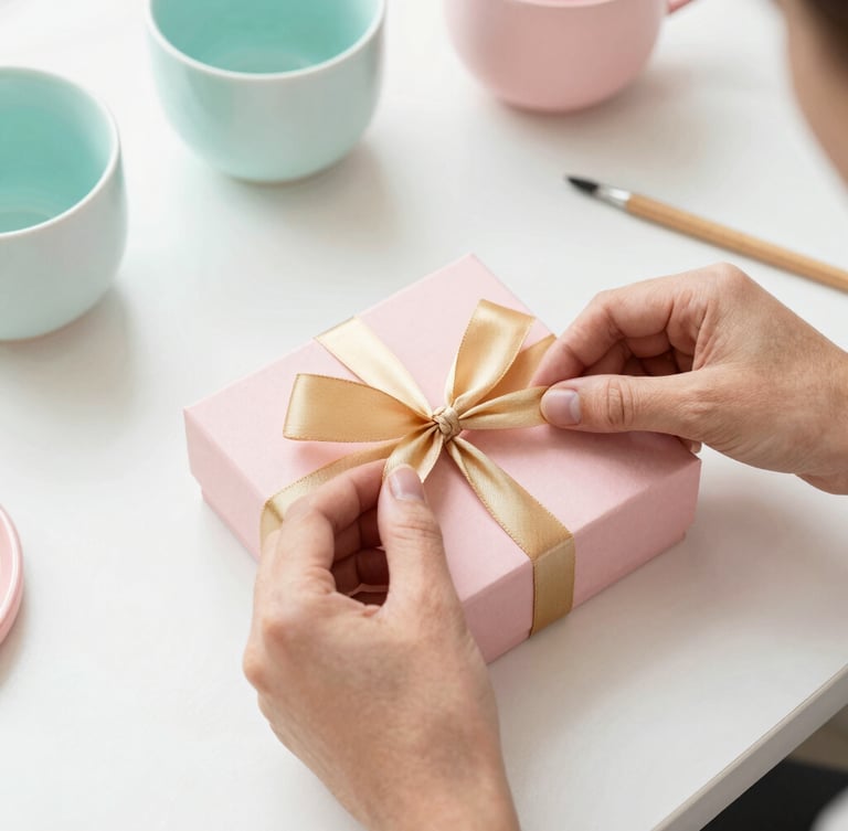 Bespoke gift curation workspace, hands tying a warm gold ribbon around a blush pink box, soft natural light, artisanal ceramics nearby