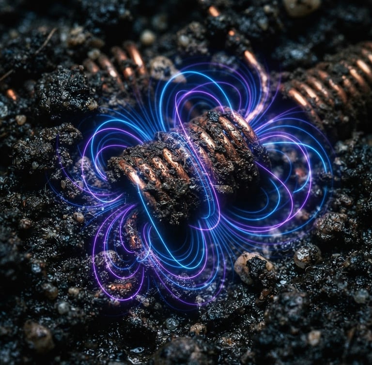 Macro close-up of high-purity heavy-duty copper coils buried in dark, rich soil, glowing electric cobalt blue and neon violet vector overlays representing magnetic fields, dramatic low-key lighting, 35mm