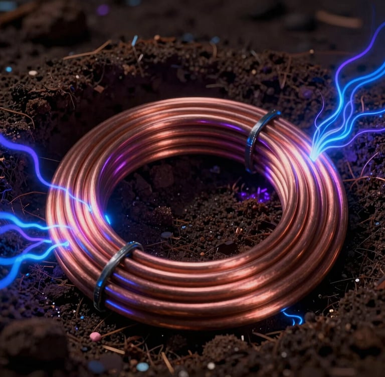 Close-up portrait view of high-purity heavy-duty copper coils buried in dark, rich soil, glowing blue and purple vector overlays representing magnetic fields, dramatic low-key lighting, macro, 35mm, bleeding to the edge